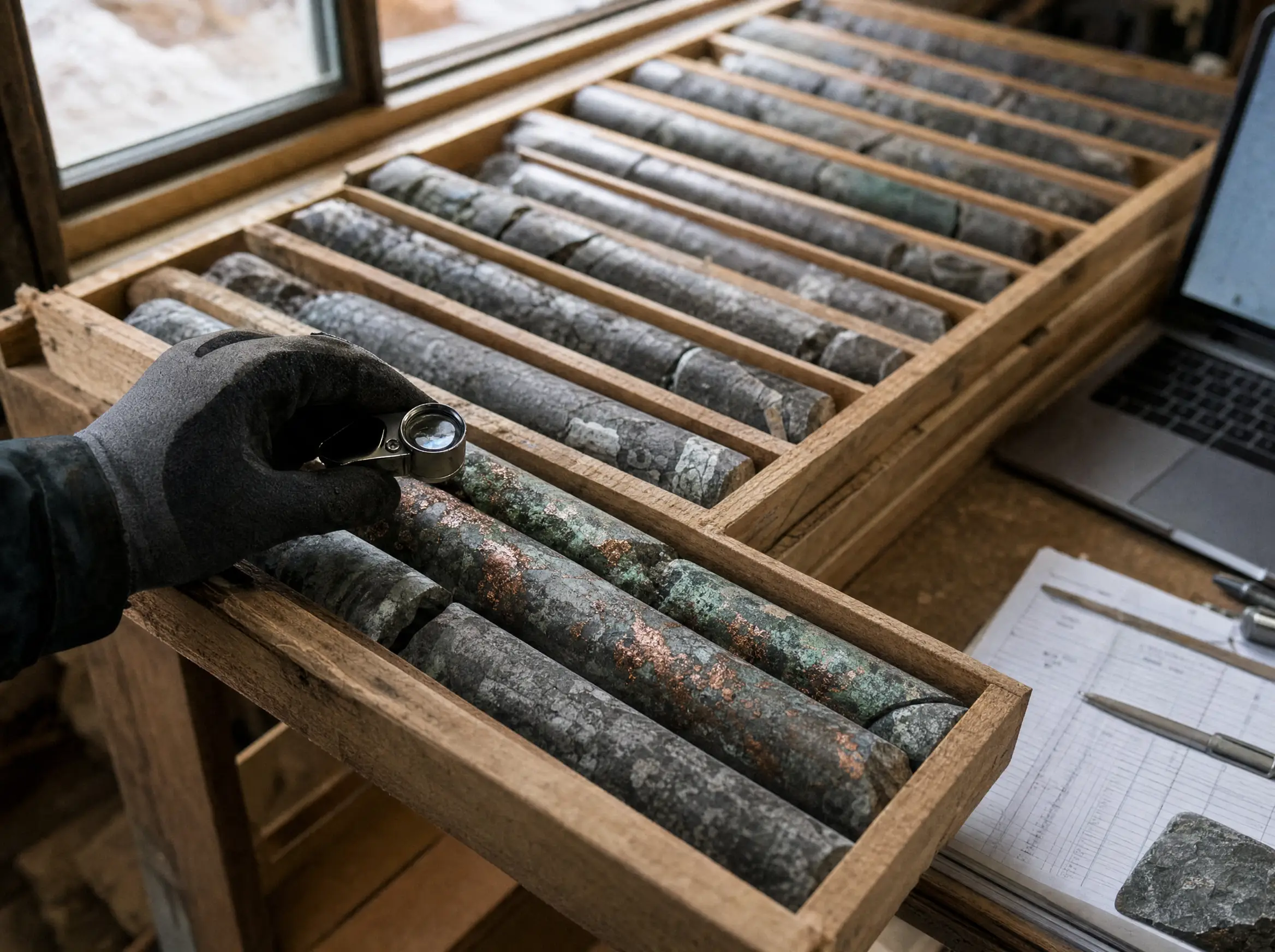 A geologist logging drill core in labelled core trays