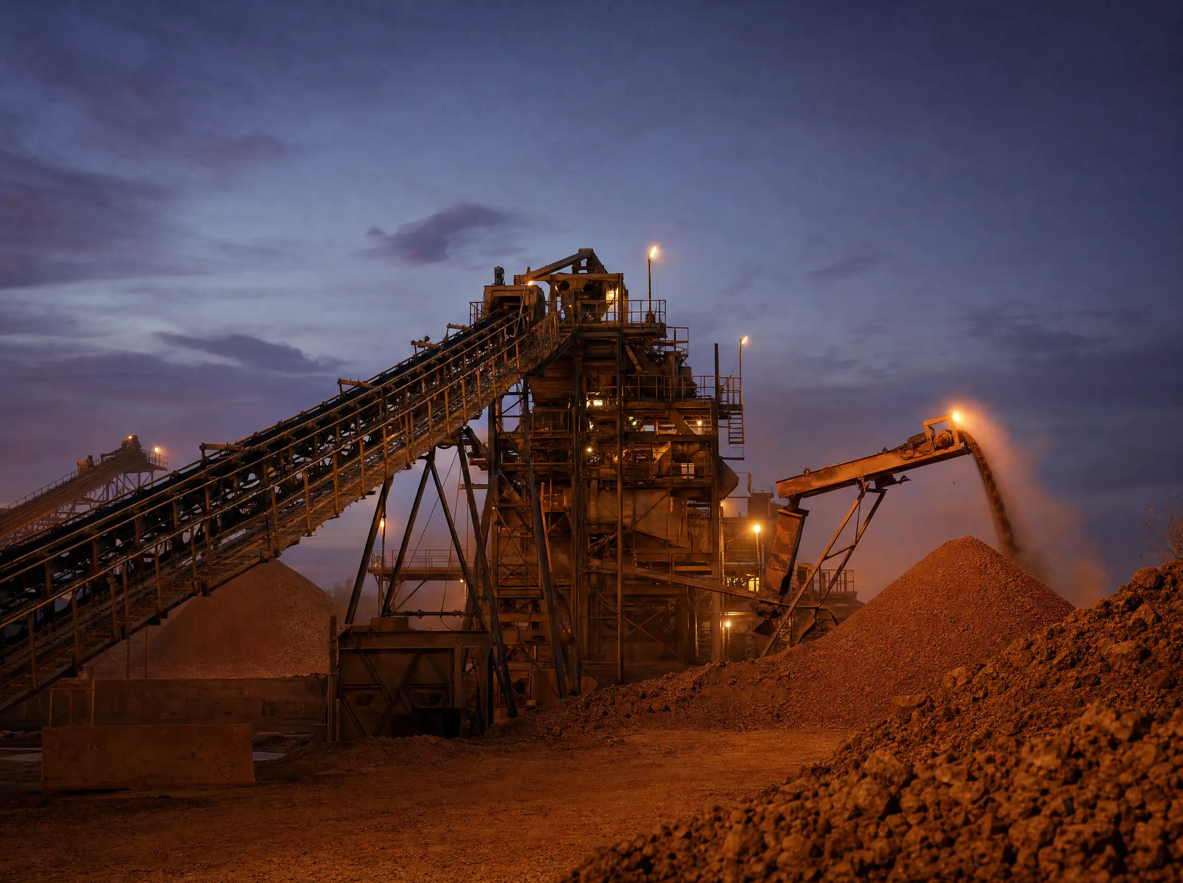 A crushing and screening plant working at dusk, conveyors and stockpiles under work lights