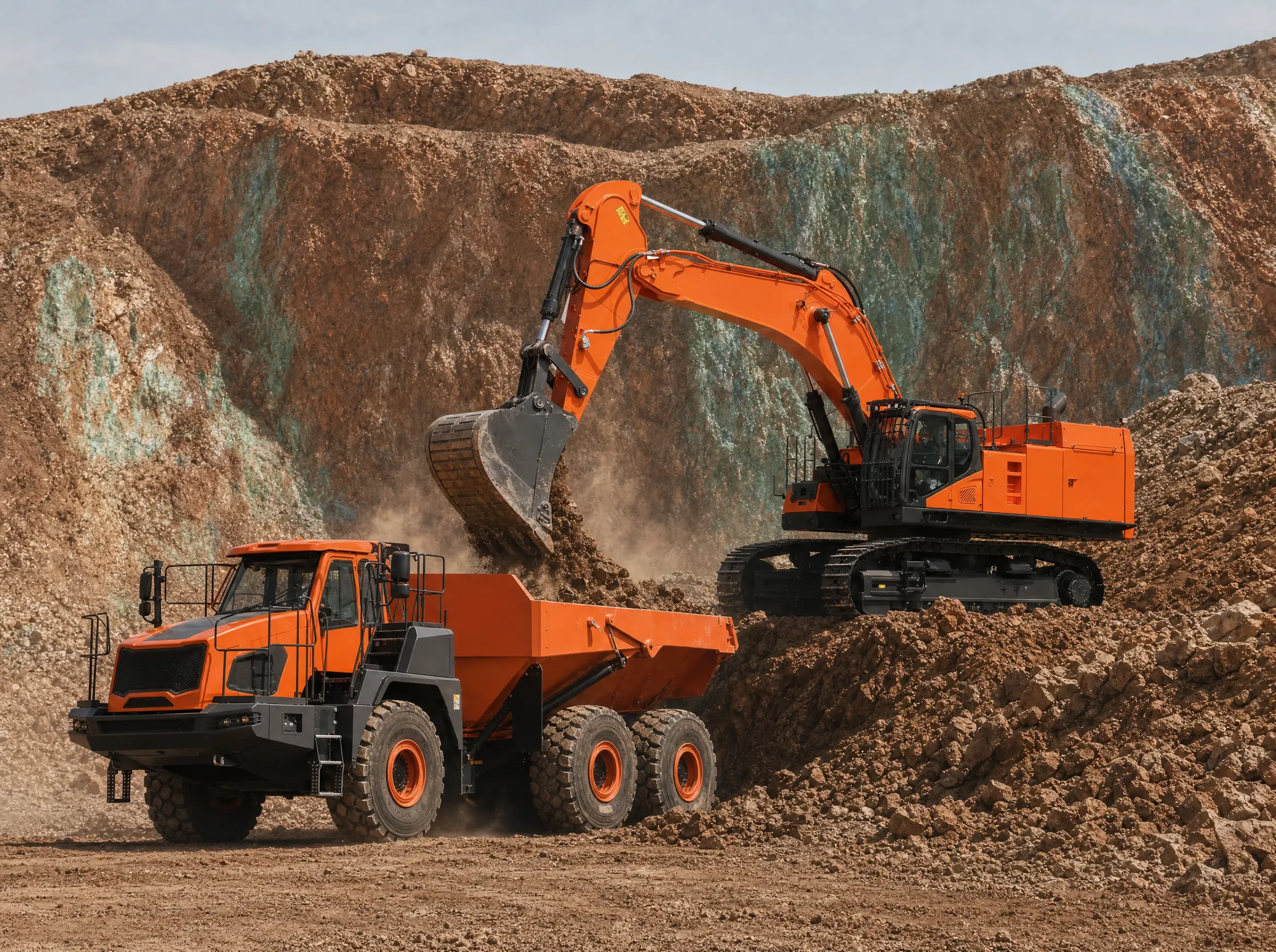 An excavator loading an articulated dump truck on a copper bench, oxidised green and rust rock faces behind