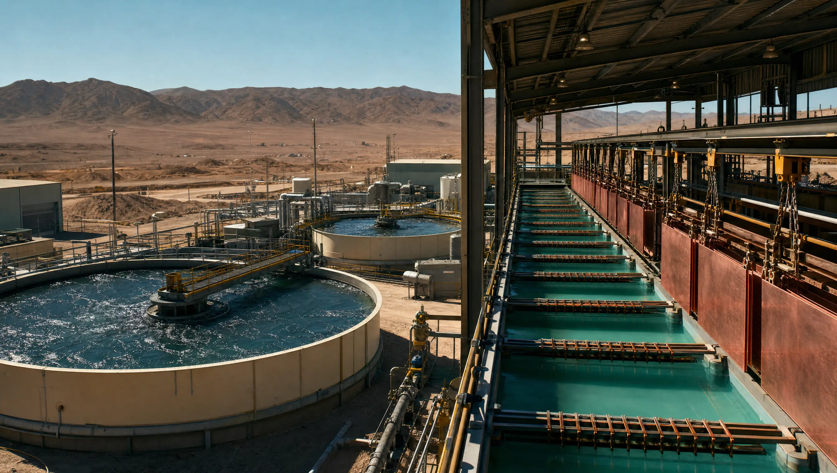 The leach and electrowinning plant: agitated tanks and electrowinning cells with copper cathode sheets