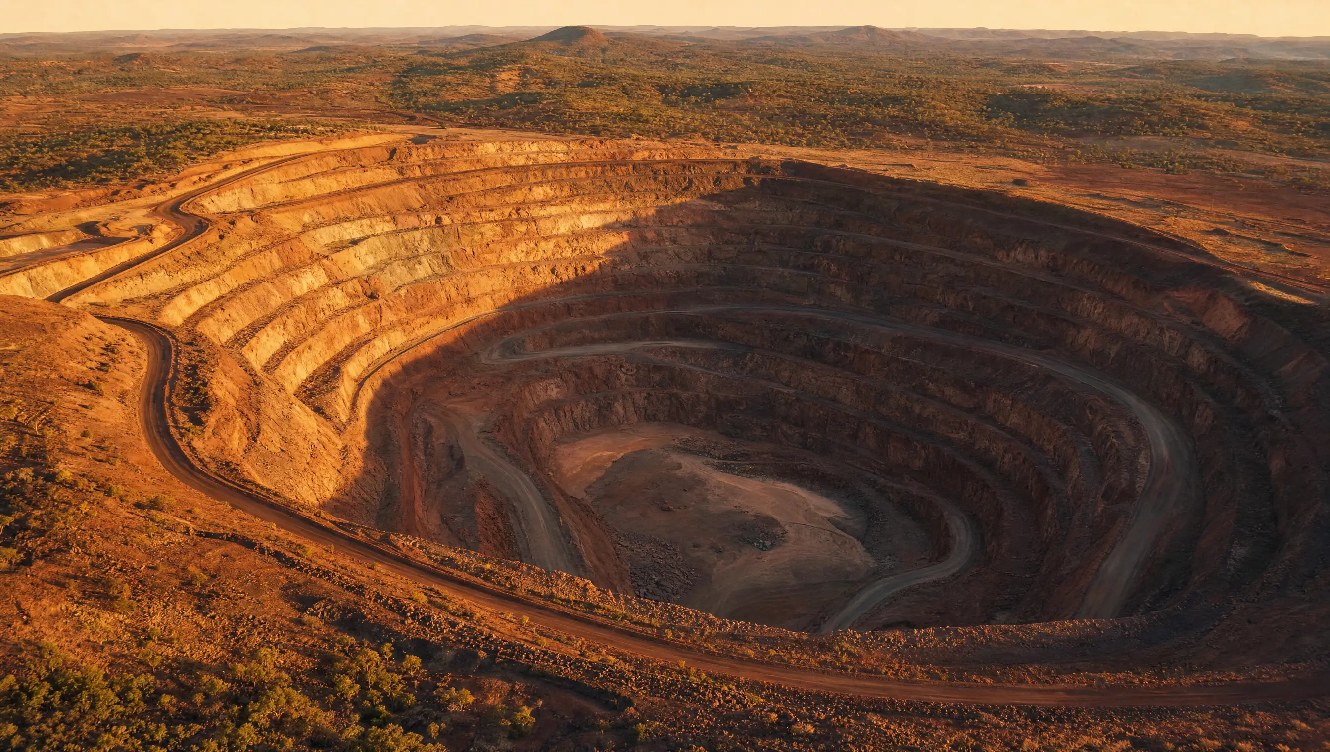 Aerial view of an open pit at golden hour, benches spiralling down with the haul road visible and African landscape beyond