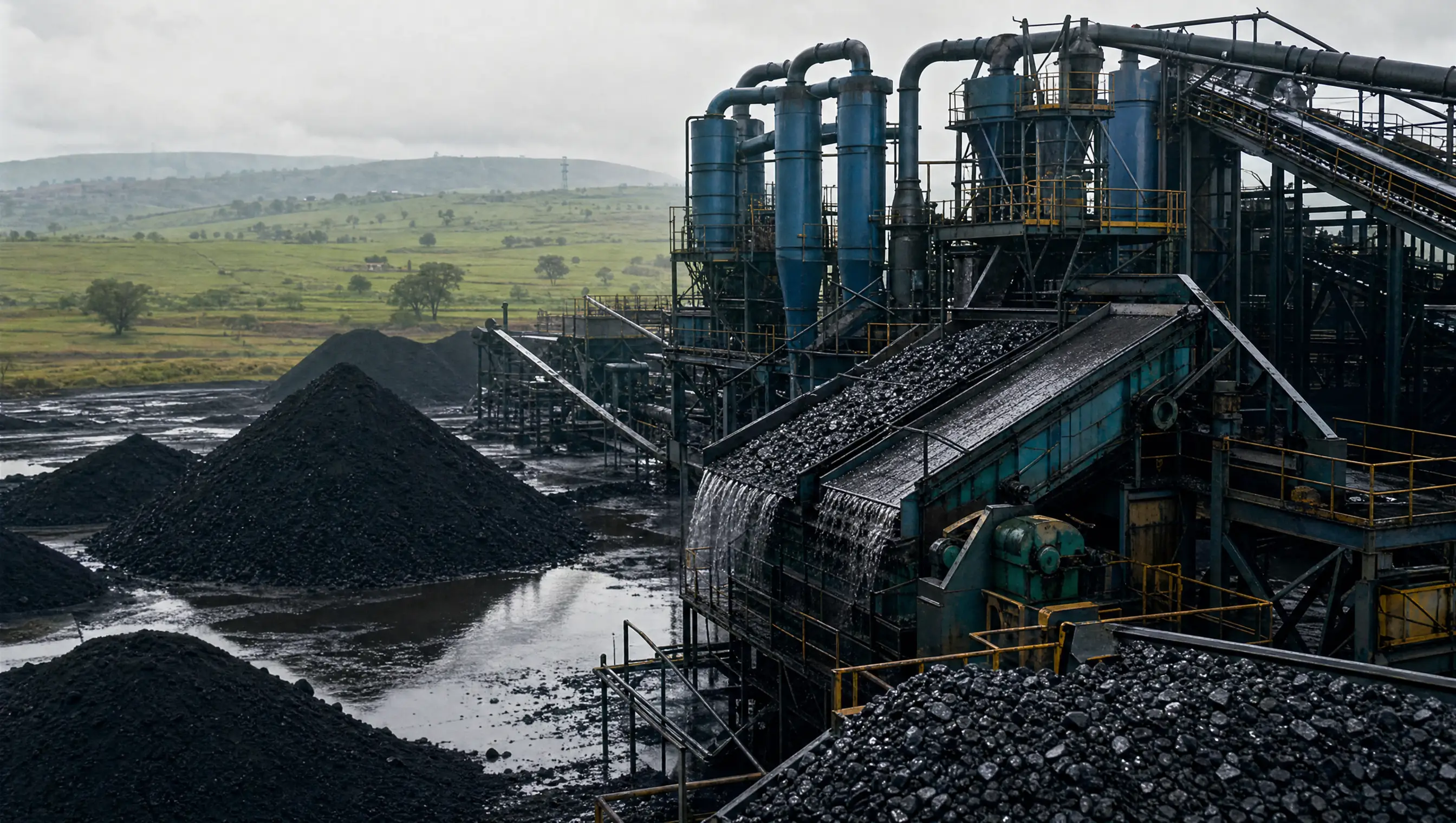 The dense-media-separation wash plant working: cyclones, screens, conveyors and washed anthracite stockpiles