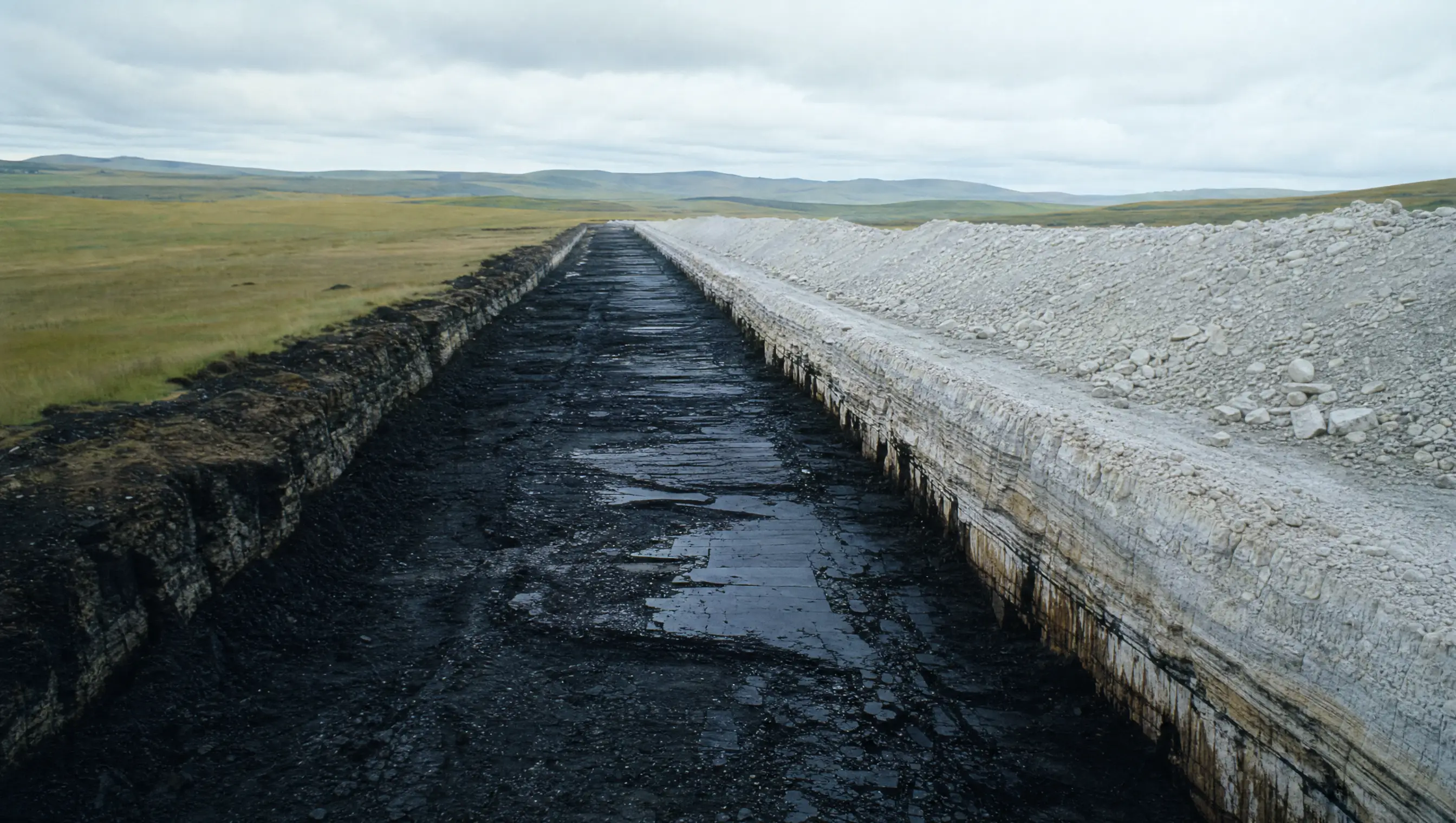 A long opencast strip cut at the Natal Anthracite Mine, black seam and spoil pile against green KwaZulu-Natal grassland under overcast light