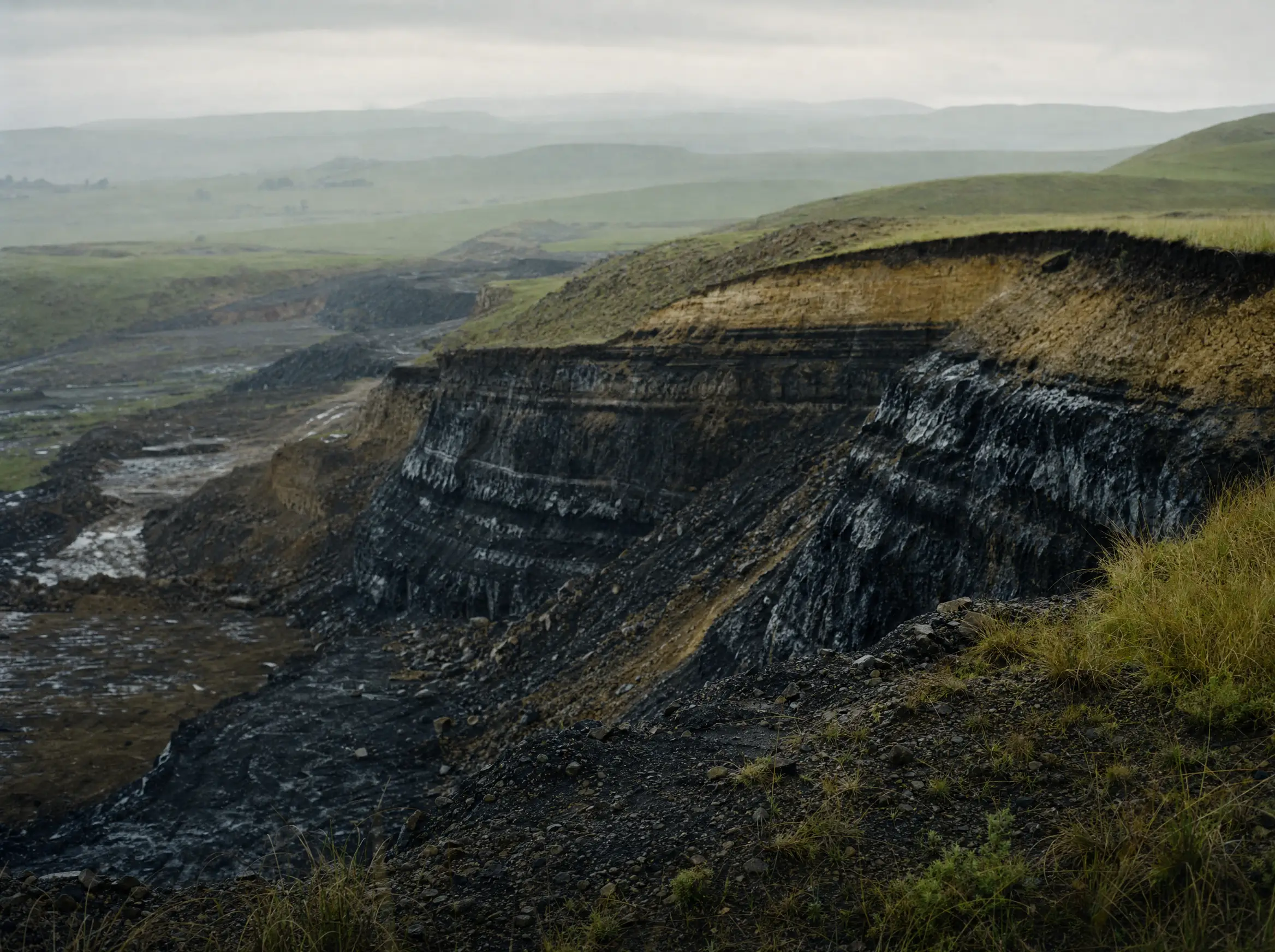 The Natal strip cuts seen from the pit edge, black seam lines running through green country