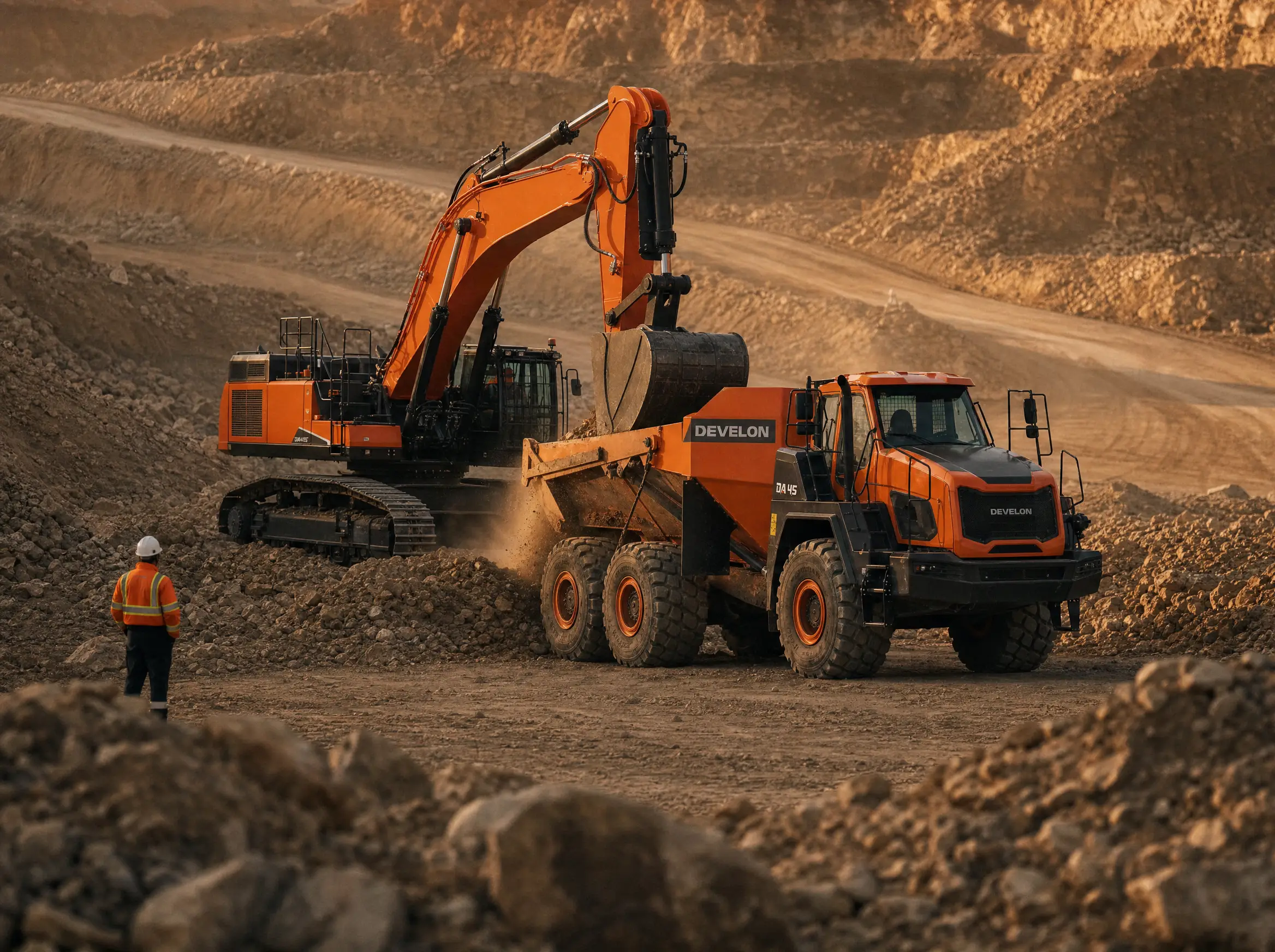 BLG Mining crews and equipment working an active pit, seen from the bench