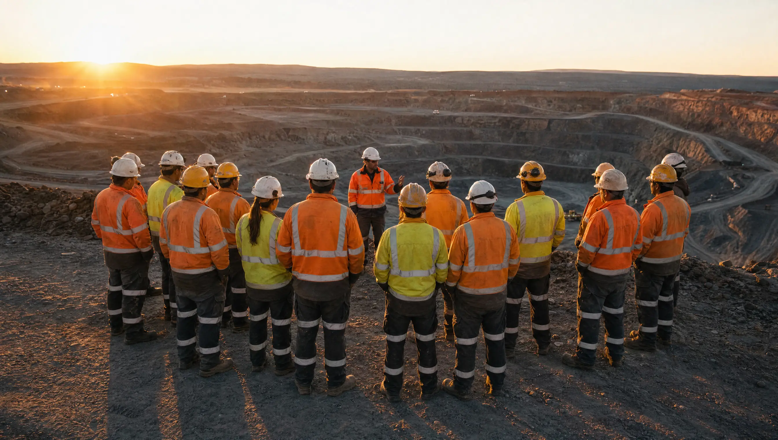 A crew in full PPE gathered for a pre-shift briefing on the pit edge at first light, hard hats and hi-vis catching the sun