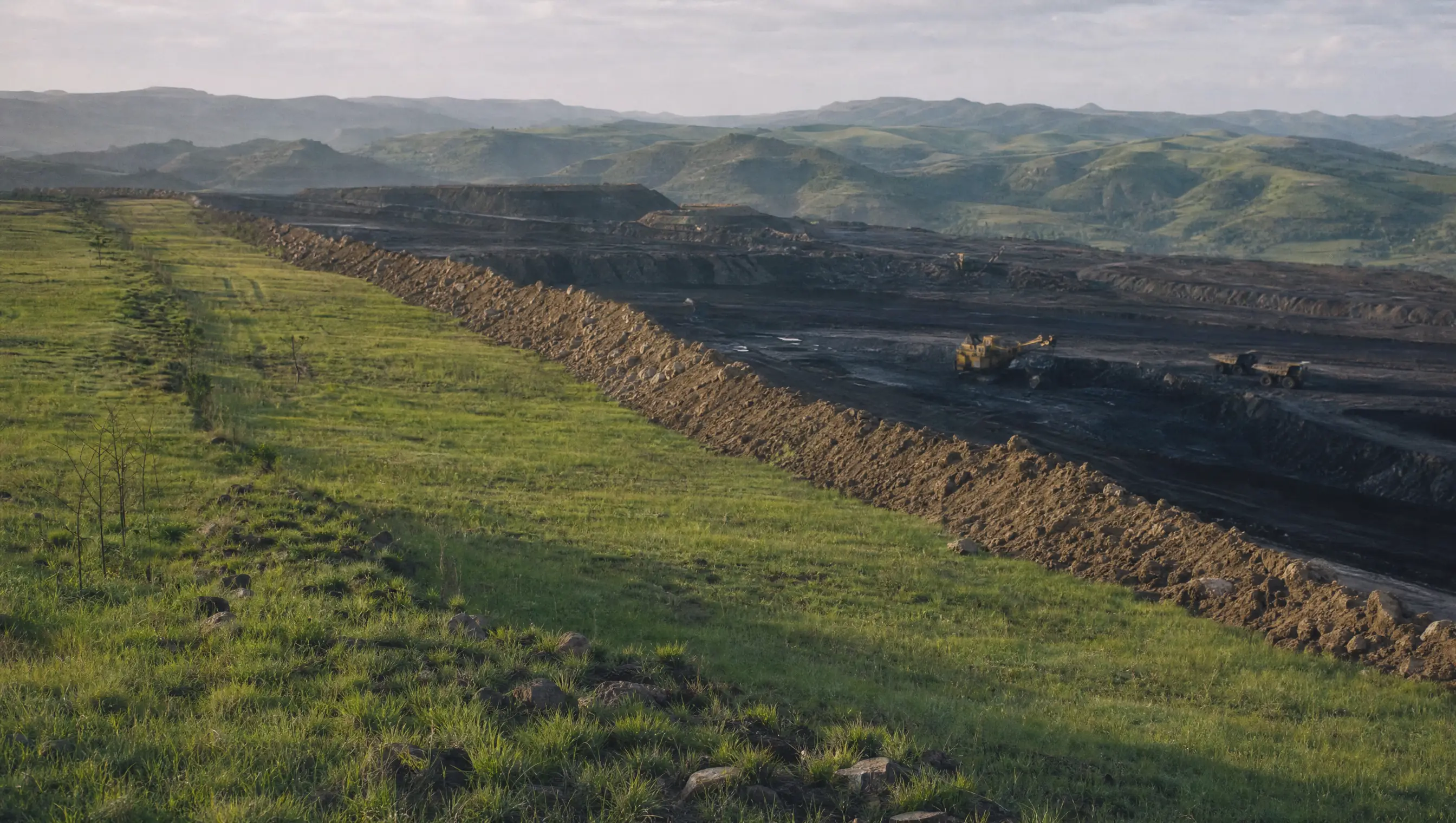 Concurrent rehabilitation: a mined strip behind the face already reshaped, topsoiled and greening over, the active cut still working in the distance