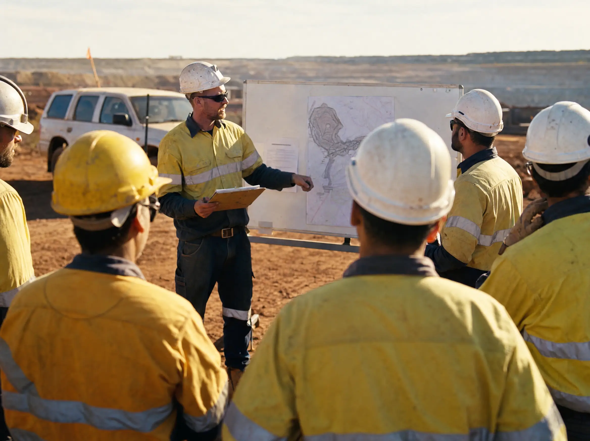 A pre-shift toolbox talk: crew in PPE gathered around a supervisor with the day's plan on a board